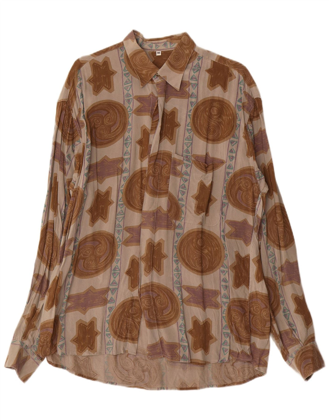 Vintage herre abstrakt mønster skjorte medium brun viskose