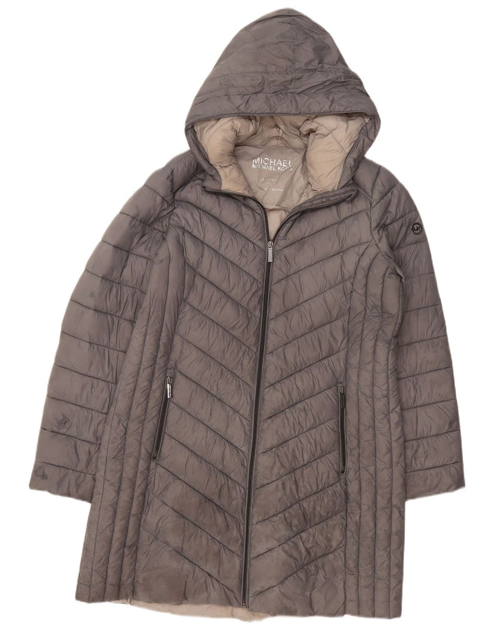 MICHAEL KORS Dame hætte polstret frakke UK 16 Stor grå nylon