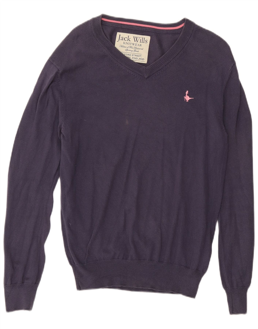 JACK WILLS Womens V-Neck Jumper Sweater UK 14 Medium Navy Blue Cotton