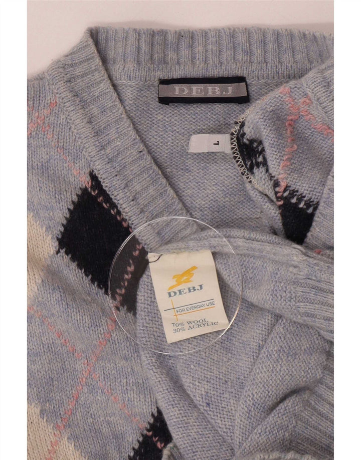 Vintage Herre V-hals trøje Sweater Large Blue Argyle/Diamond Wool