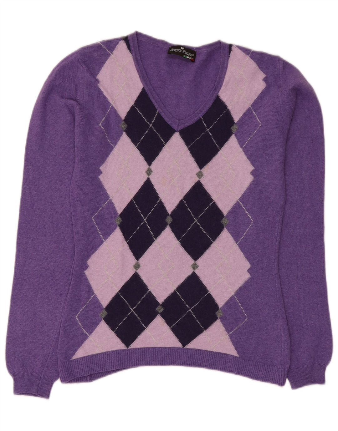 Vintage Dame V-hals sweater UK 12 Medium Purple Argyle/Diamond