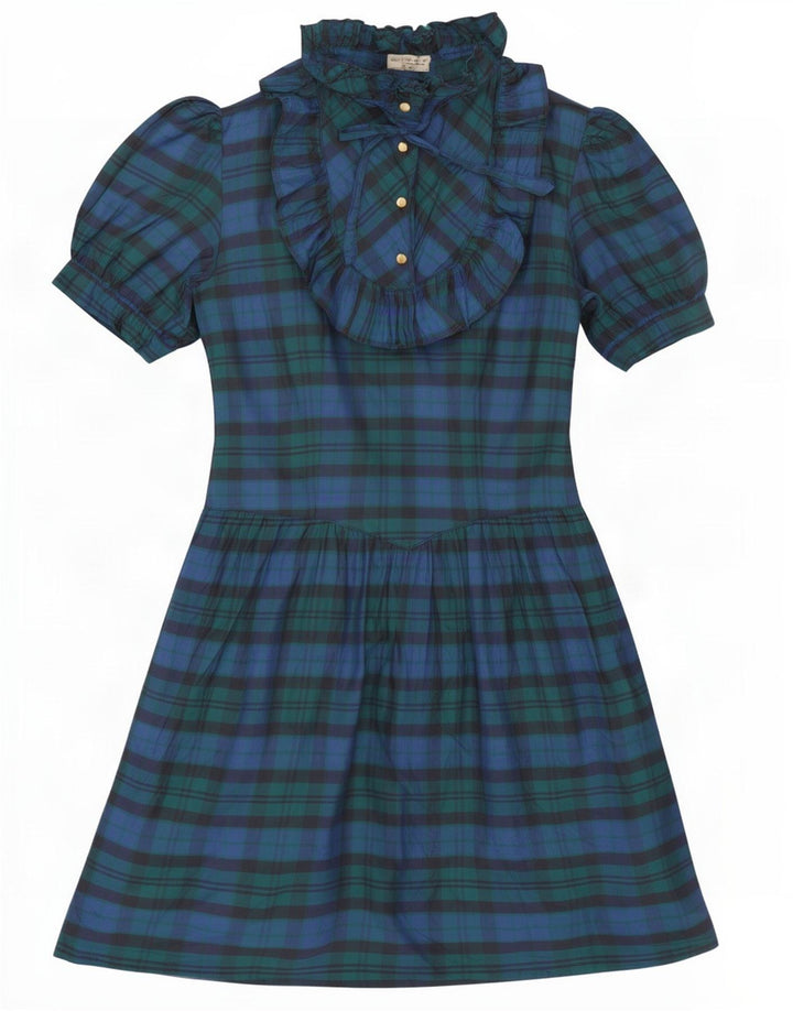 Vintage Kvinder Flæse Front A-Line Kjole IT 42 Medium Navy Blue Check Silke