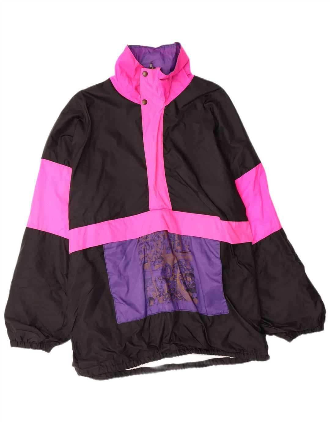VINTAGE Herre Hættejakke Anorak UK 38 Medium Sort Colourblock Polyamid