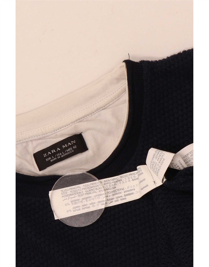 Zara Herre Crew Neck Jumper Sweater Large Navy Blue Polyester