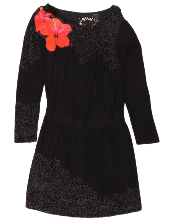 DESIGUAL Kvinder Langærmet Grafisk A-Line Kjole UK 14 Stor Sort Blomster
