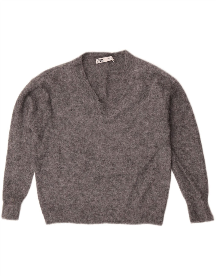 Zara Dame Oversized V-hals sweater UK 10 Small Grey Flecked