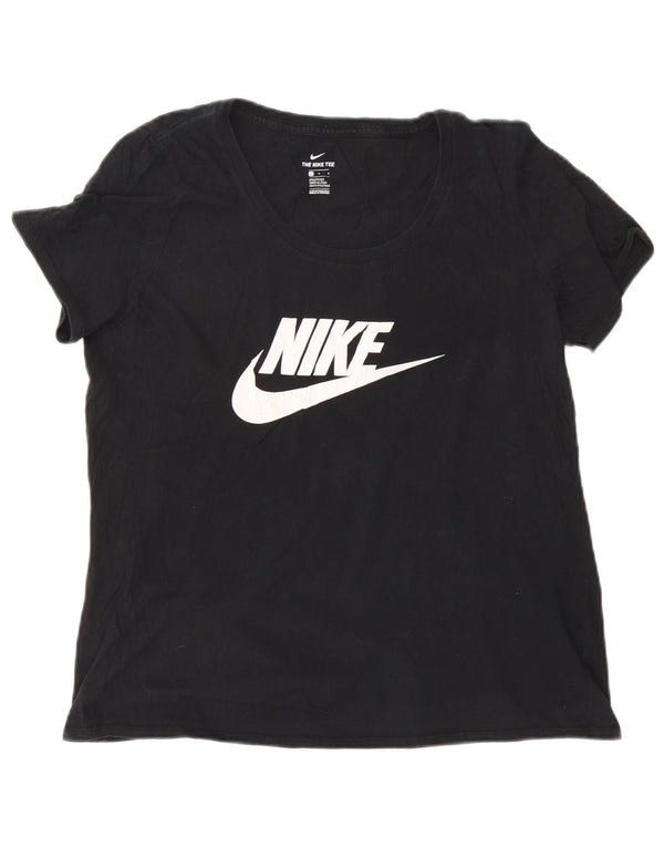 NIKE Dame atletisk snit grafisk T-shirt top UK 16 Stor marineblå bomuld