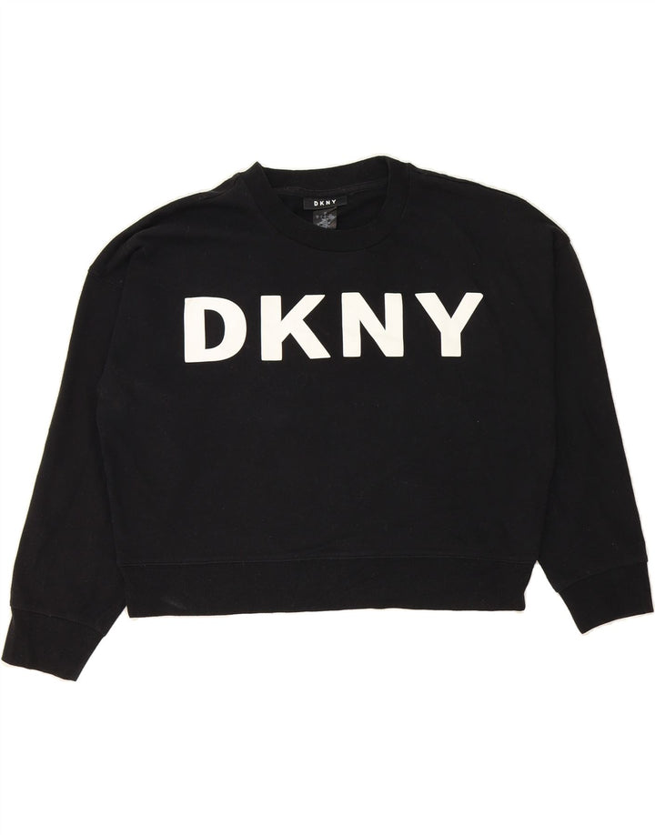 DKNY Womens Oversized Crop Graphic Sweatshirt Jumper UK 16 Large Black Vintage Dkny and Second-Hand Dkny from Messina Hembry 