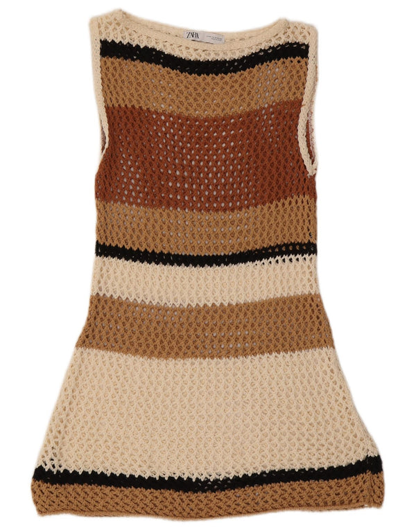 Zara Dame Strand Ærmeløs Hæklet Kjole UK 12 Medium Beige Stribet