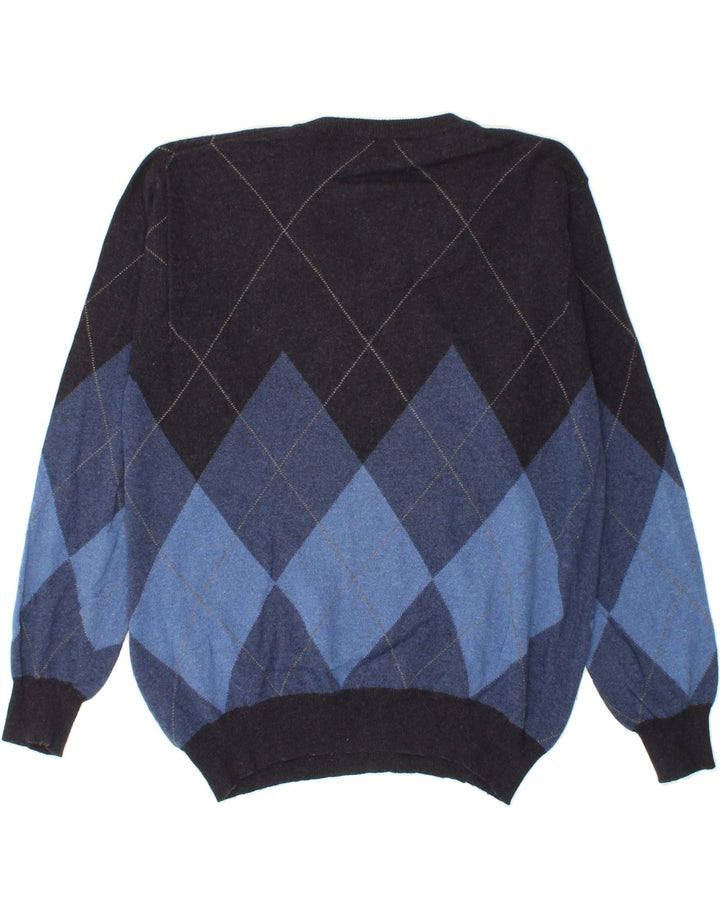 VINTAGE Herre V-hals sweater IT 52 Large Navy Blue Argyle/Diamond