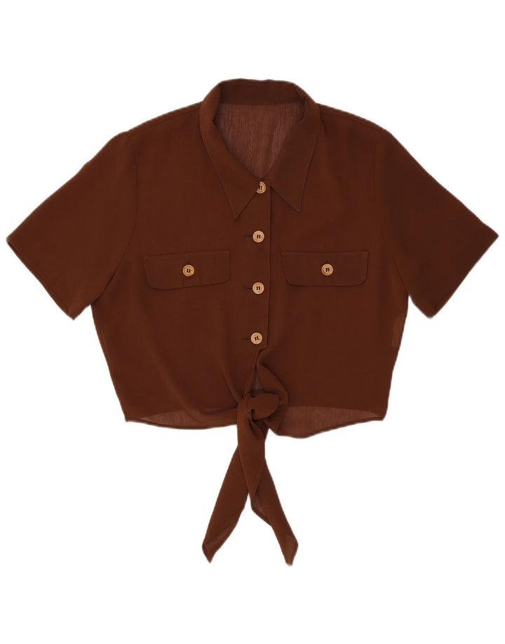 Vintage Womens Crop kortærmet skjortebluse UK 14 Medium Brown Polyester