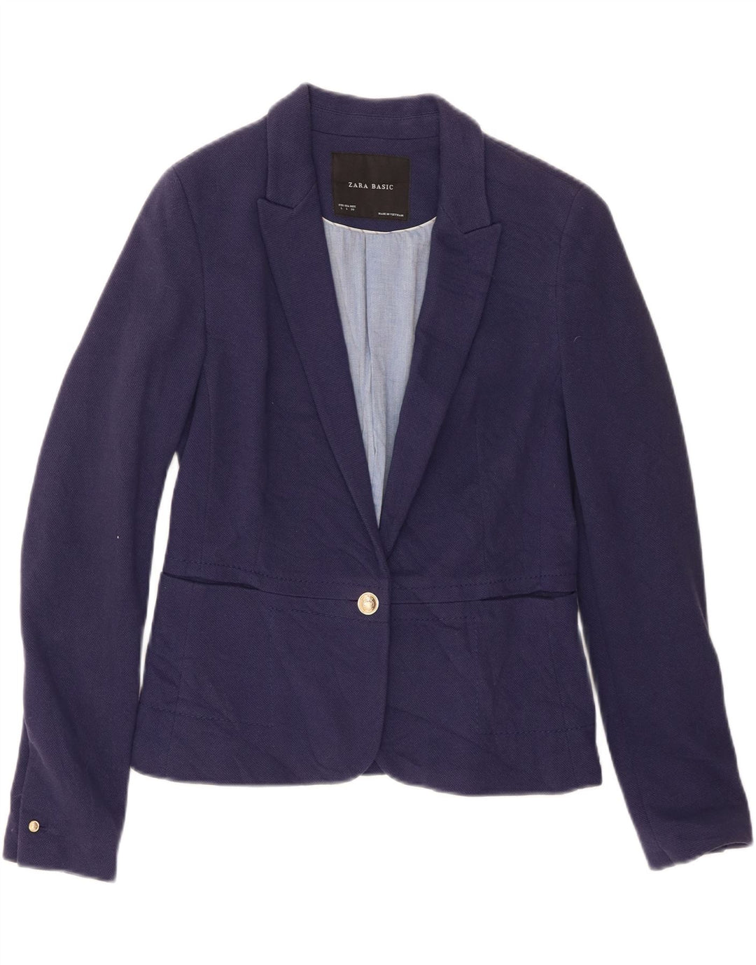 Zara Dame Crop 1 Knap Blazer Jakke UK 16 Stor Marineblå Bomuld