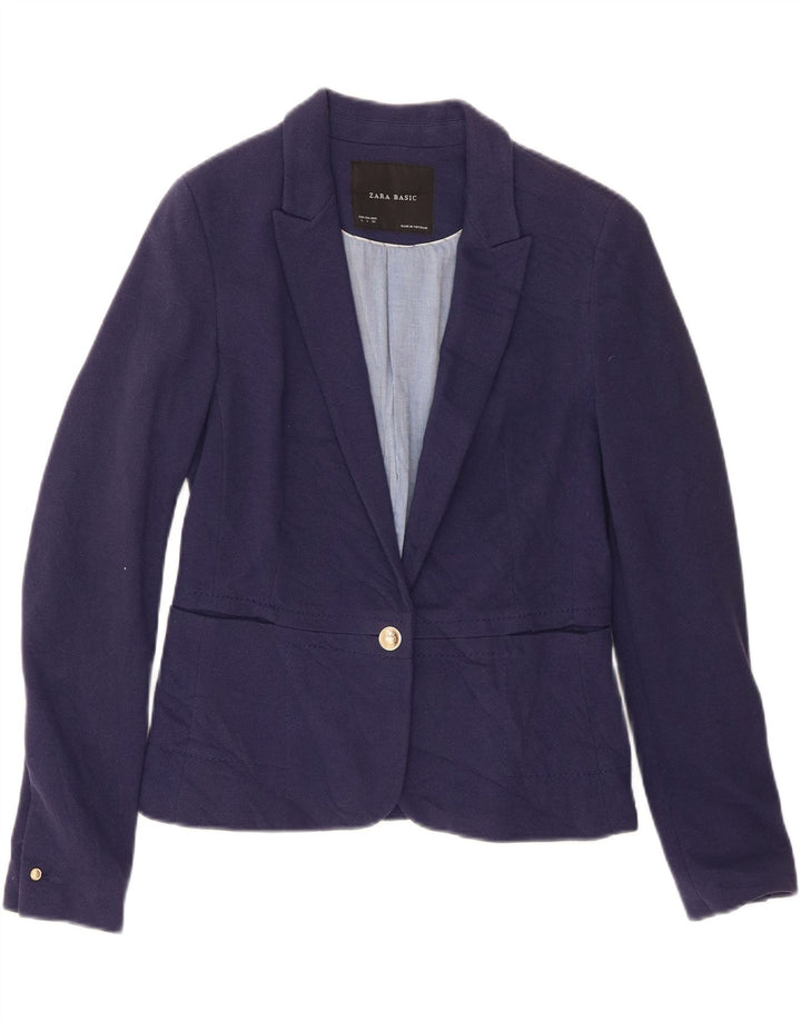 Zara Dame Crop 1 Knap Blazer Jakke UK 16 Stor Marineblå Bomuld