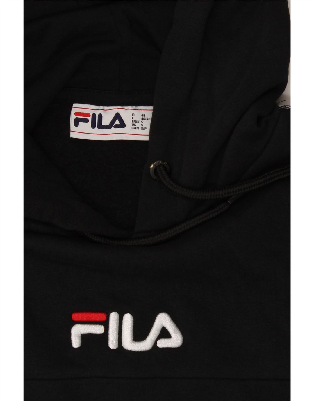 FILA Mens Graphic Hoodie Jumper Small Black Cotton Vintage Fila and Second-Hand Fila from Messina Hembry 