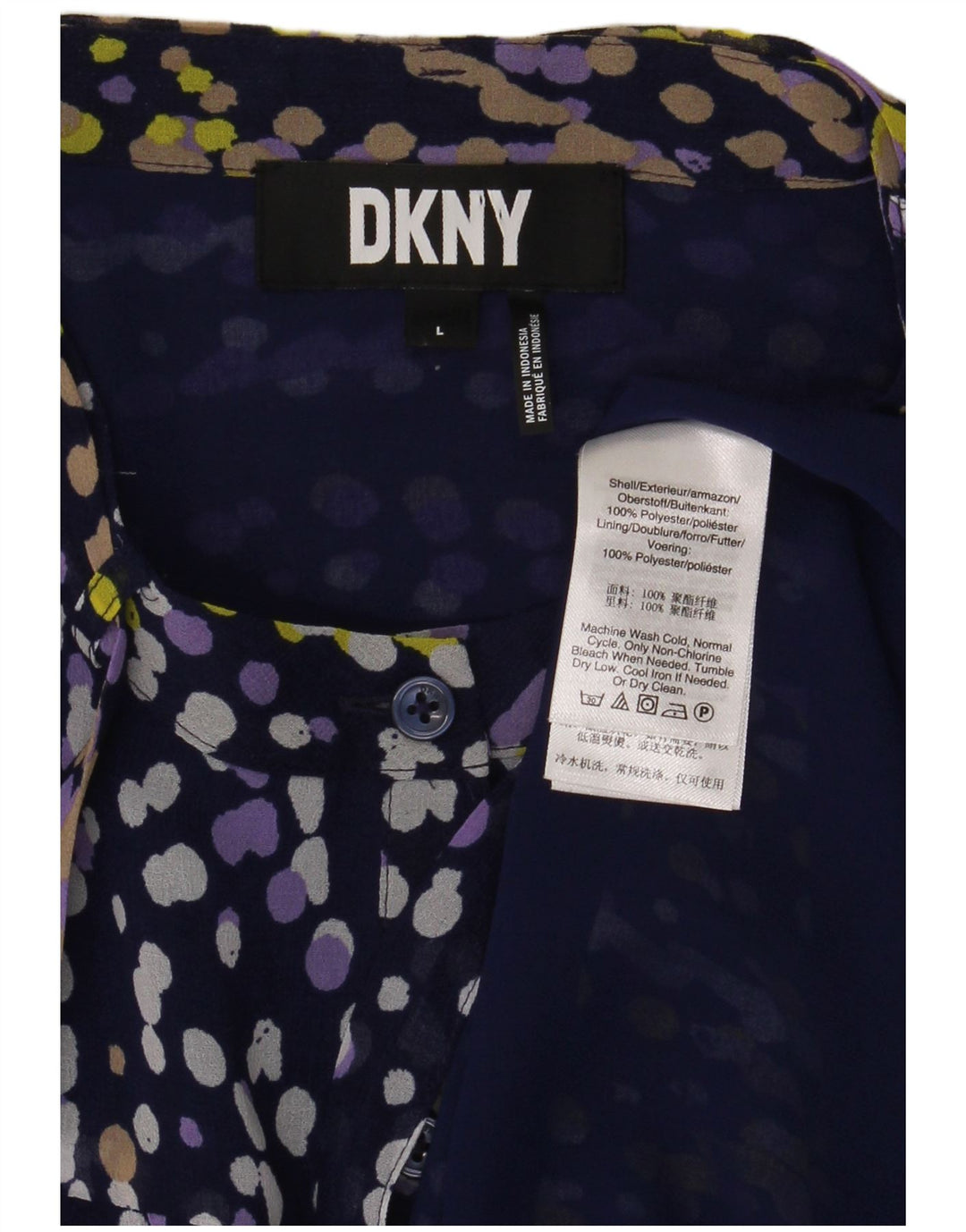 Dkny Dame Flæse Front Skjorte Bluse UK 16 Large Navy Blue Spotted