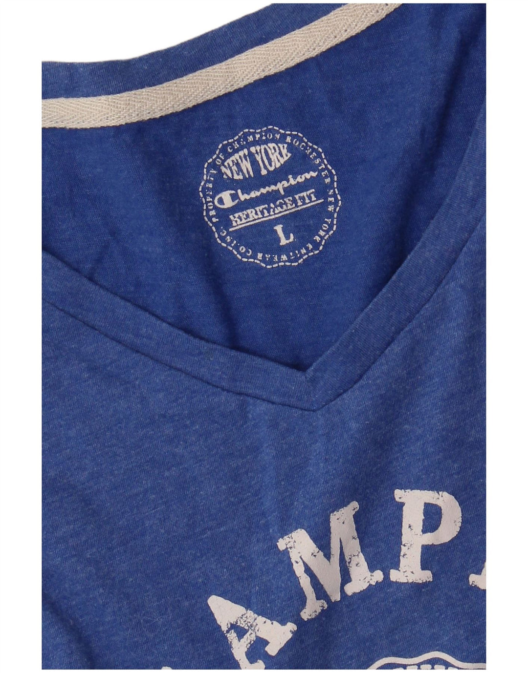 CHAMPION Dame Heritage Fit Grafisk T-Shirt Top UK 14 Stor Blå