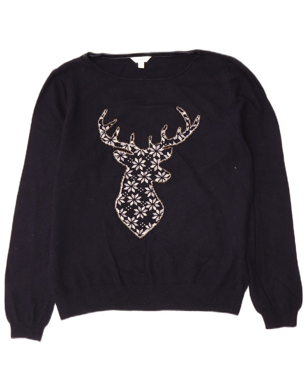 Monsoon Dame Boat Neck Jumper Sweater UK 16 Large Navy Blue Fair Isle