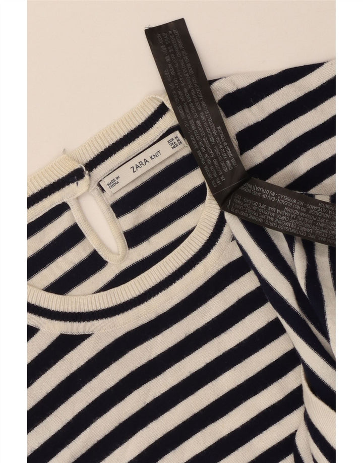 Zara T-Shirt Top UK 12 Medium Hvid Stribet Viscose