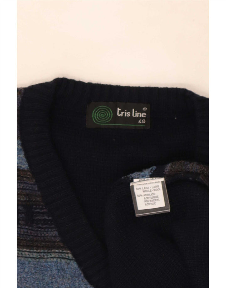 Tris Line Herre V-hals sweater IT 48 Mellem marineblå stribet uld