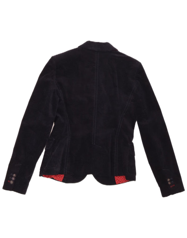 Zara Womens 2 Button Velvet Blazer Jacket UK 12 Medium Navy Blue Cotton