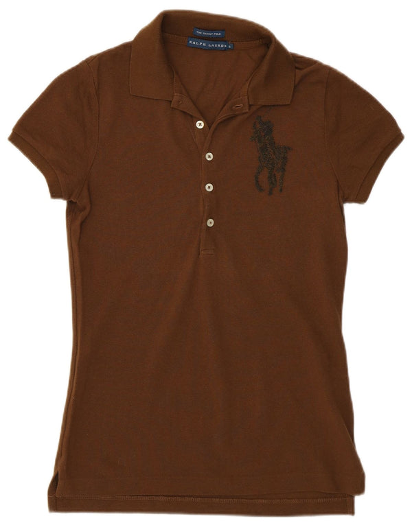 Ralph Lauren Dame Skinny Polo Shirt UK 10 Small Brown Bomuld