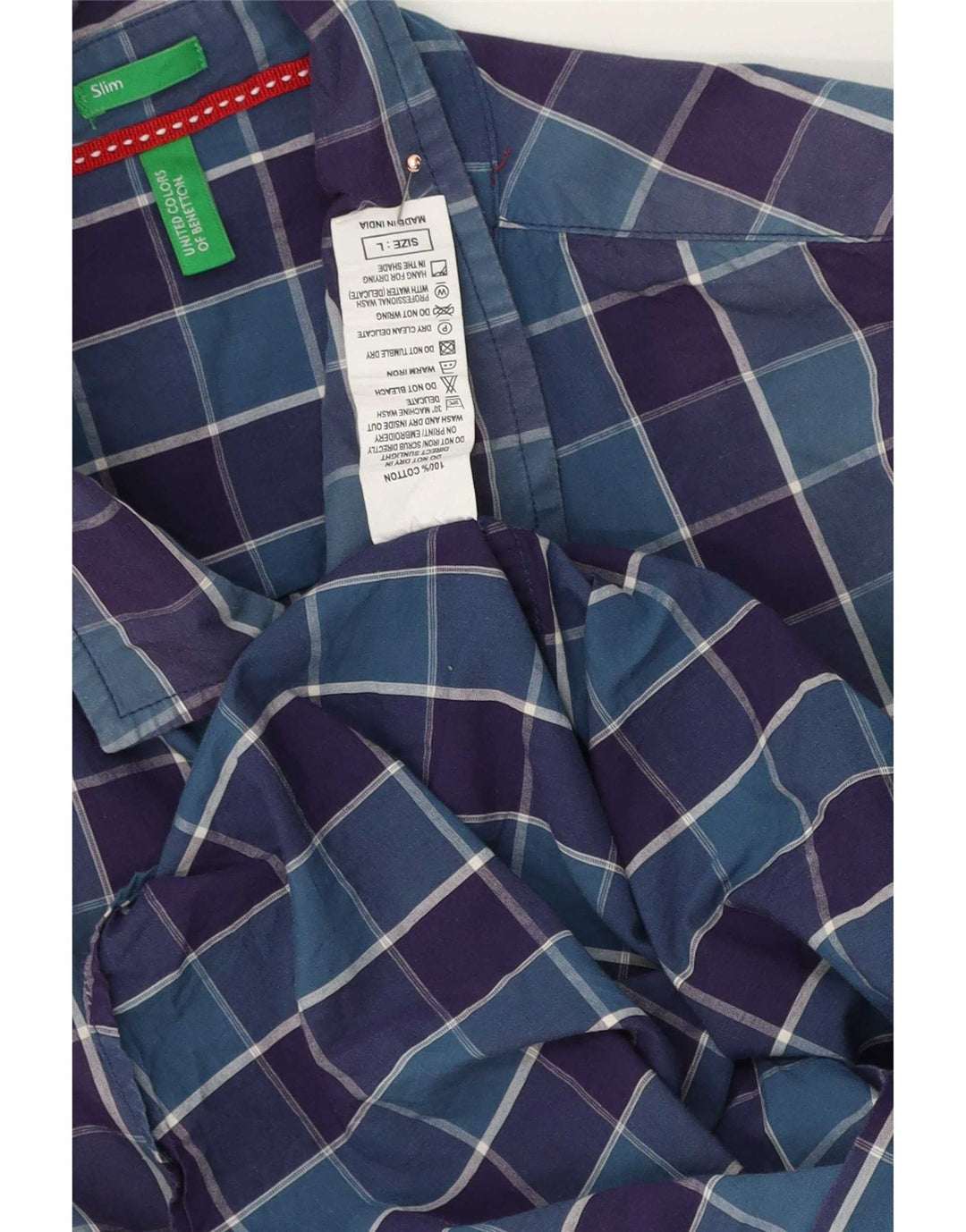 Benetton Herre Slim Shirt Stor marineblå ternet bomuld