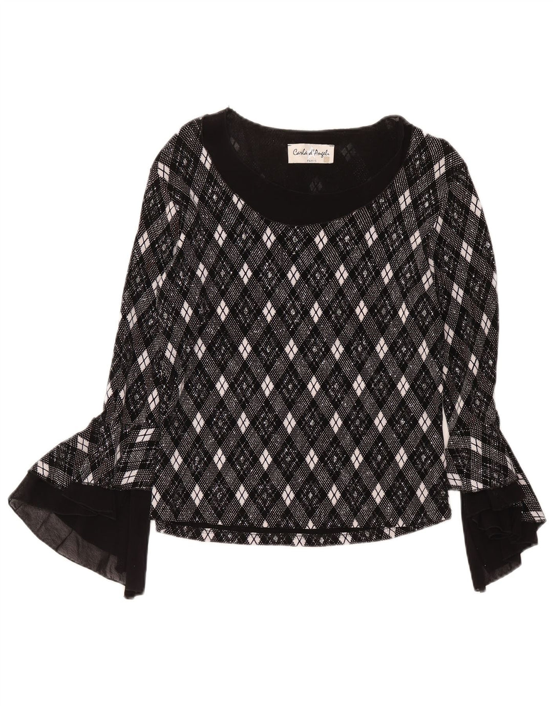 Vintage Dame Langærmet Bluse Top UK 10 Lille Grå Geometrisk Acetat