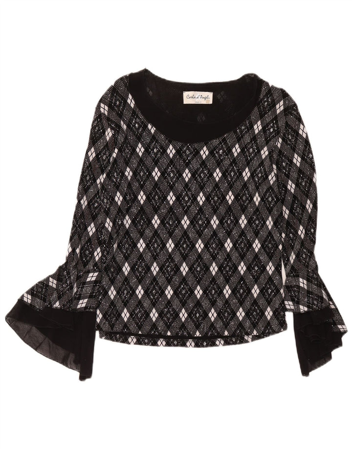 Vintage Dame Langærmet Bluse Top UK 10 Lille Grå Geometrisk Acetat