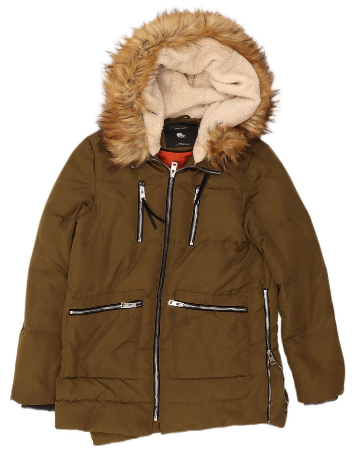 Zara Polstret hættejakke til kvinder UK 10 Small Khaki Polyester