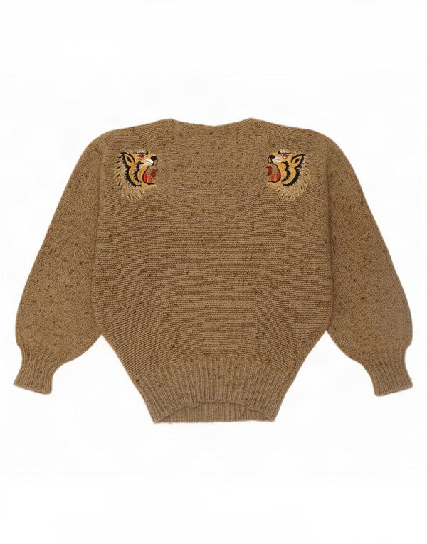 Vintage Dame Boat Neck Jumper Sweater UK 10 Small Beige Animal Print