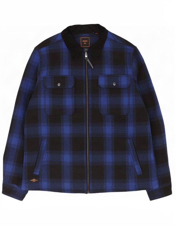 Superdry Mens Shacket Jacket UK 44 2XL Navy Blue Check Wool
