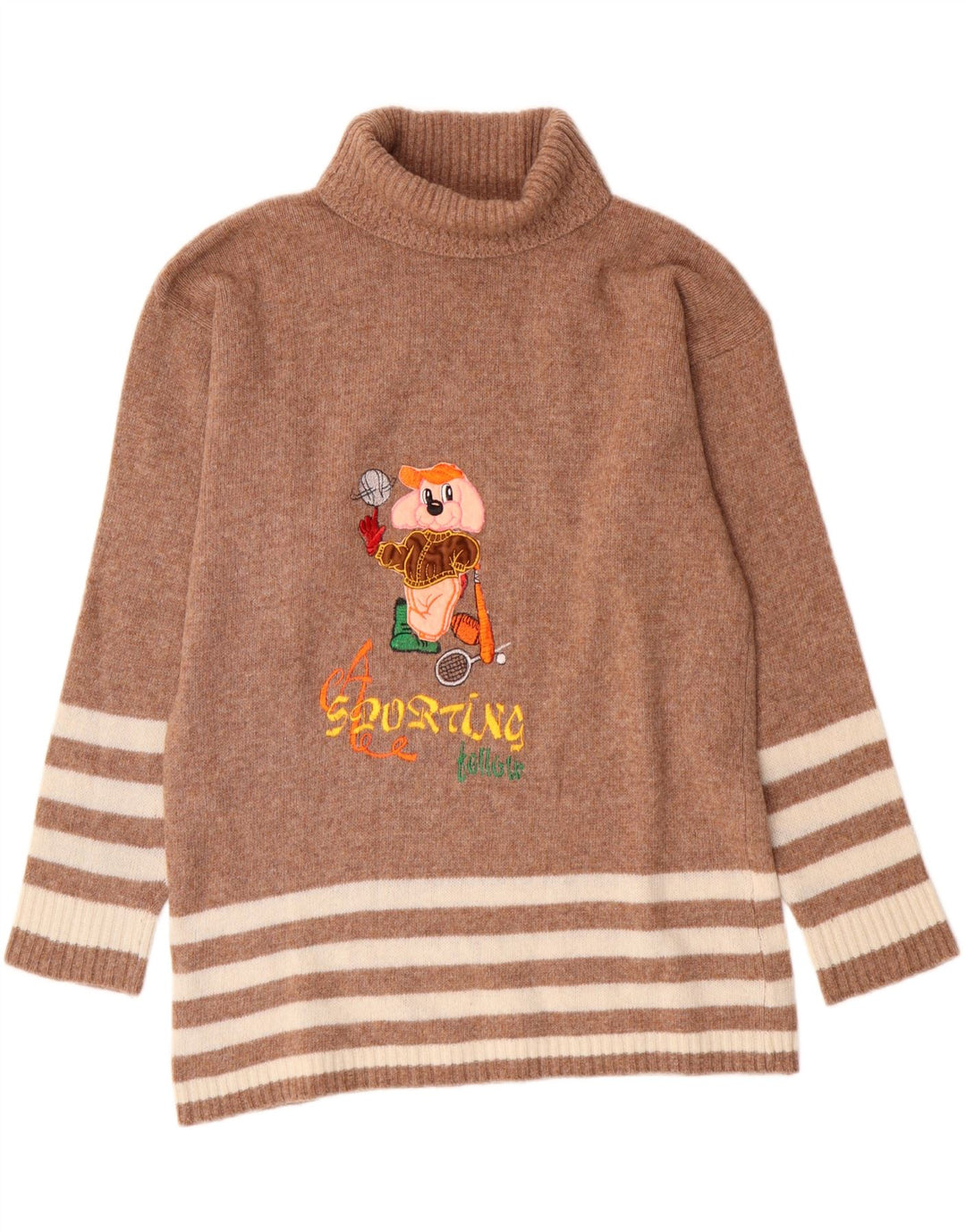 Vintage Dame Longline rullehals sweater UK 14 medium brun stribet