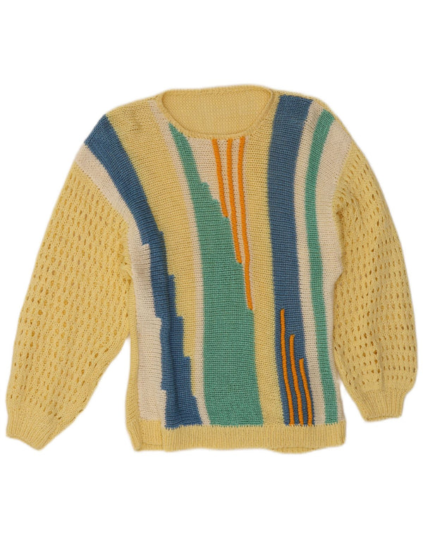 Vintage sweater med rund hals til kvinder UK 10 lille gul farveblok