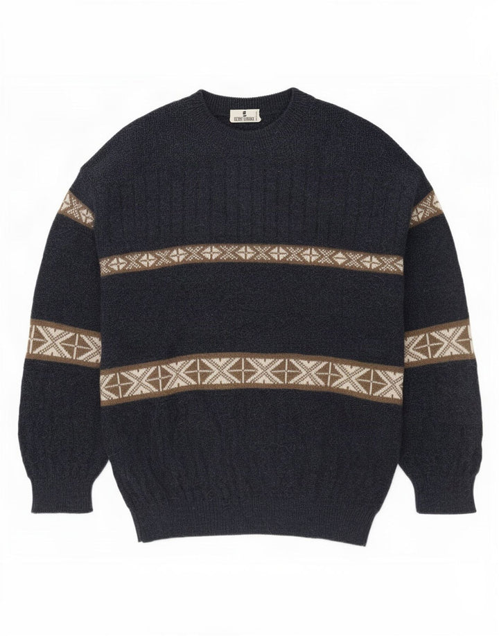 Vintage Herre Turtle Neck Jumper Sweater Medium Navy Blue Fair Isle