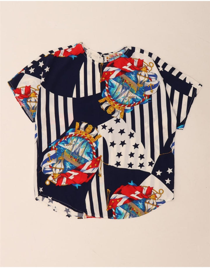 VINTAGE Damebluse Top UK 10/12 Medium Navy Blue Colourblock