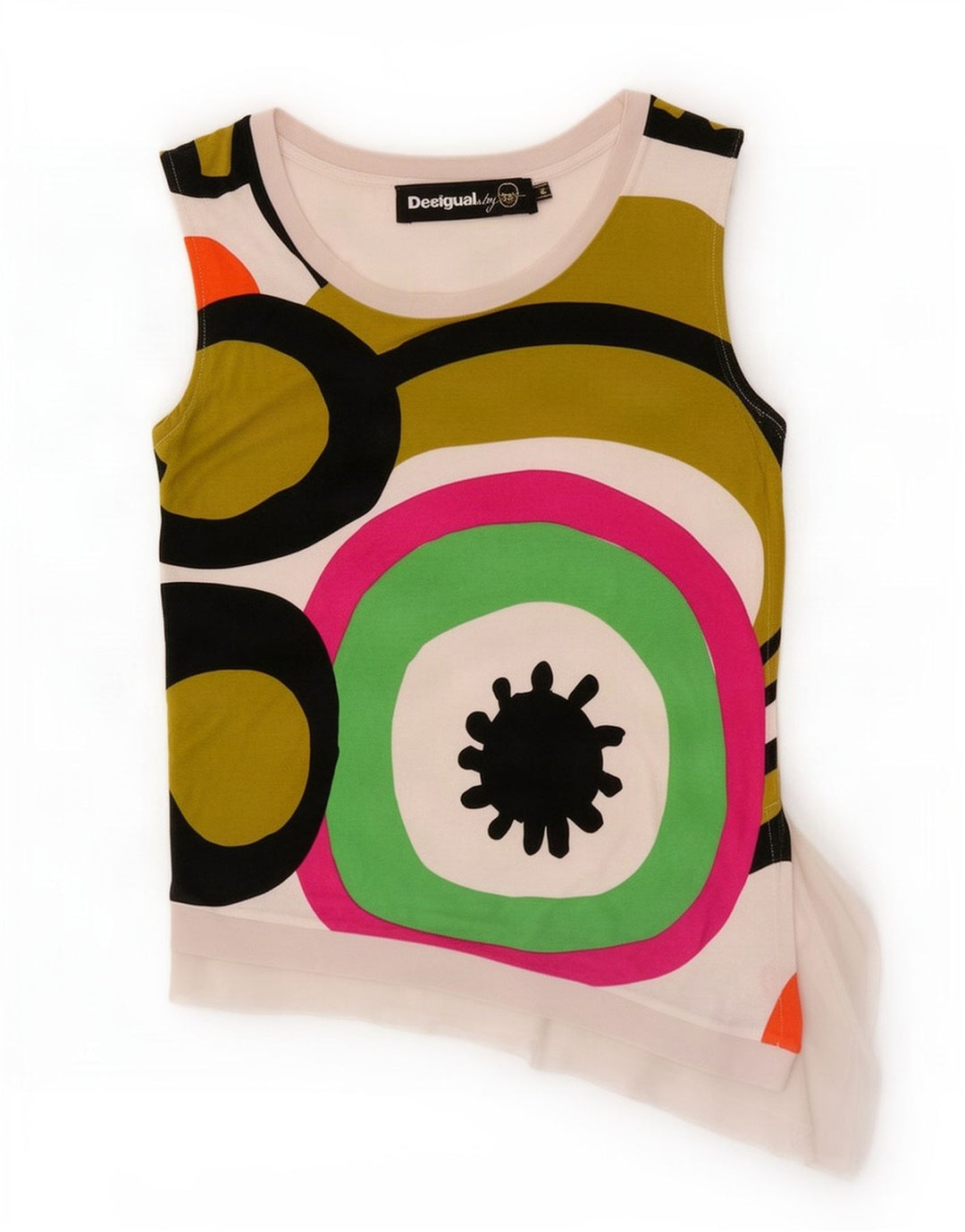 Desigual Dame Asymmetrisk Vest Top UK 12 Medium Hvid Geometrisk