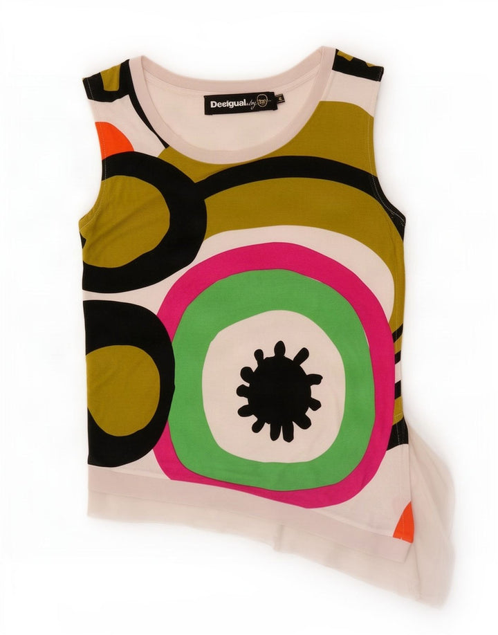 Desigual Dame Asymmetrisk Vest Top UK 12 Medium Hvid Geometrisk