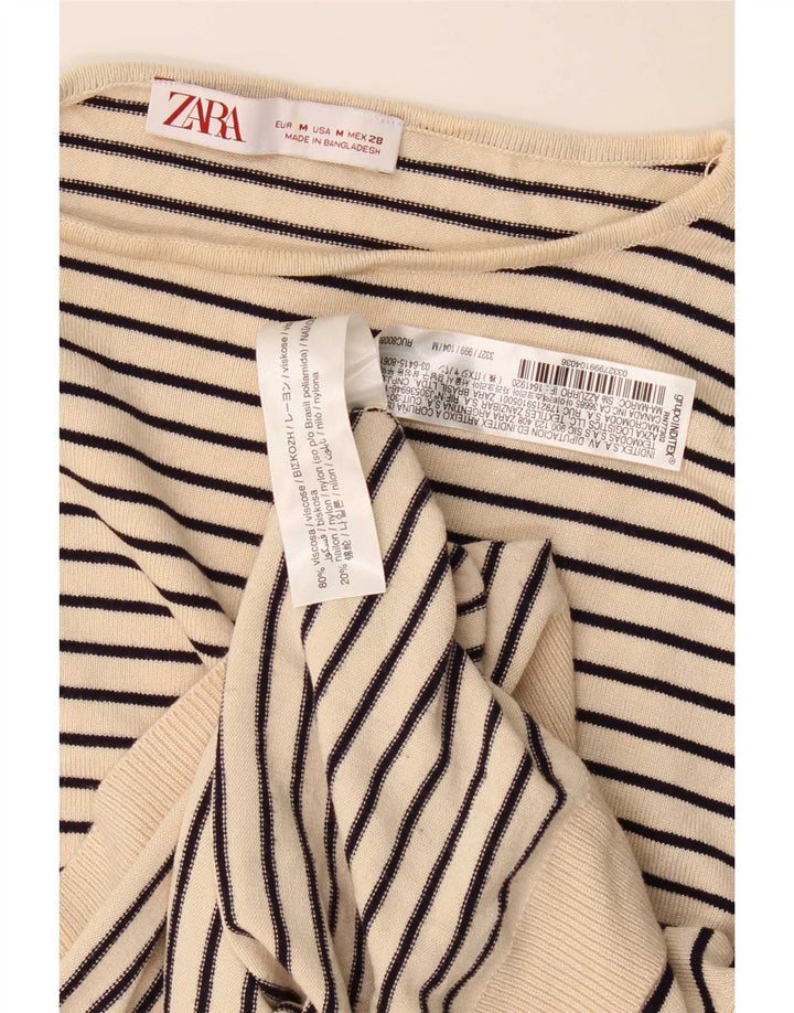 Zara Dame Top Langærmet UK 14 Medium Beige Stribet Viscose