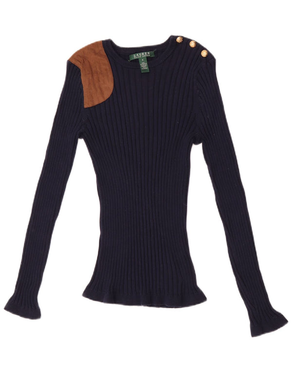Ralph Lauren Womens Top Long Sleeve UK 8 Small Navy Blue Colourblock Cotton