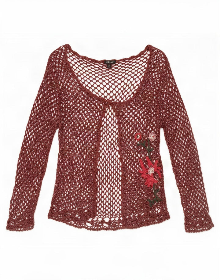 Mango Damehæklet Se Through Top UK 14 Medium Burgundy Floral