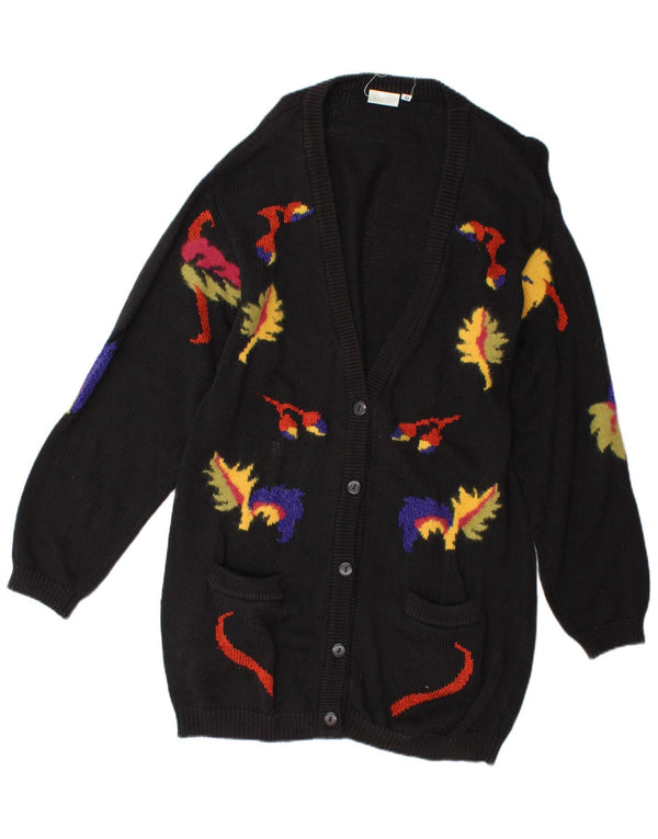 Vintage Dame Longline Cardigan Sweater UK 14 Medium Black Floral Novelty