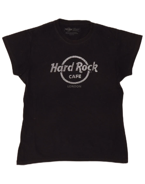 Hard Rock Cafe Dame London Grafisk T-Shirt Top UK 16 Stor Sort Bomuld