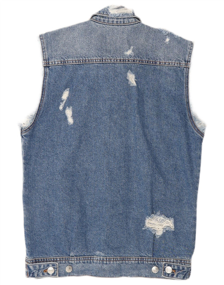 Zara Herre Distressed Denim Gilet UK 36 Small Blue Cotton