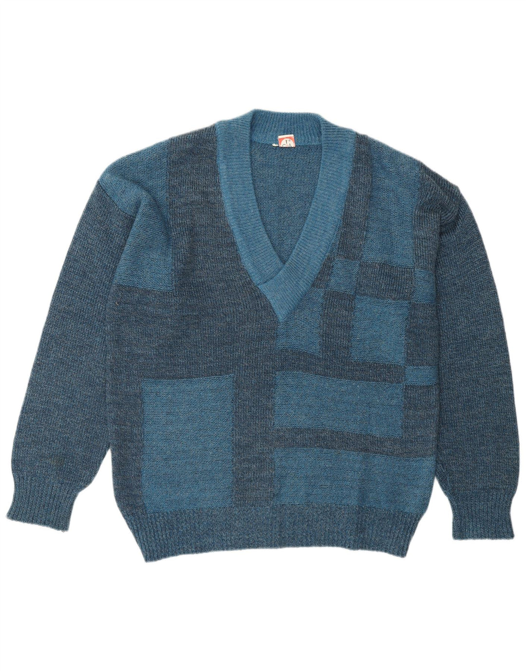 VINTAGE Herre V-hals sweater IT 50 Medium Blue Geometric Polyacrylic