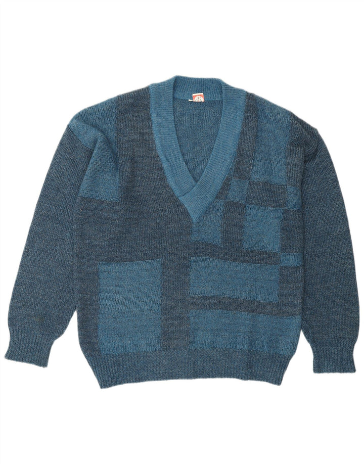 VINTAGE Herre V-hals sweater IT 50 Medium Blue Geometric Polyacrylic