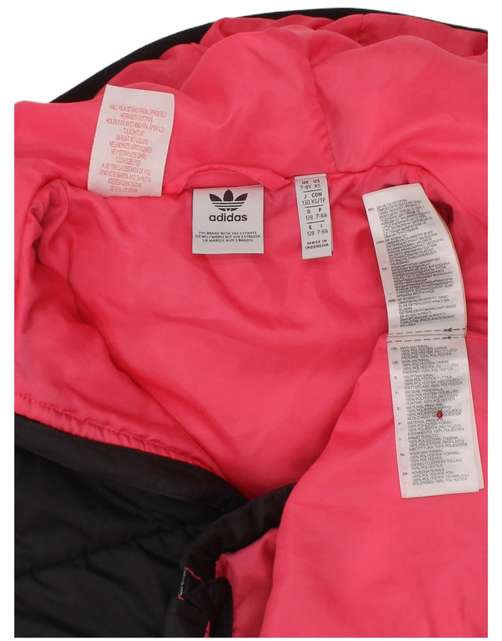 ADIDAS Girls Graphic Hooded Padded Jacket 7-8 Years Black Polyester