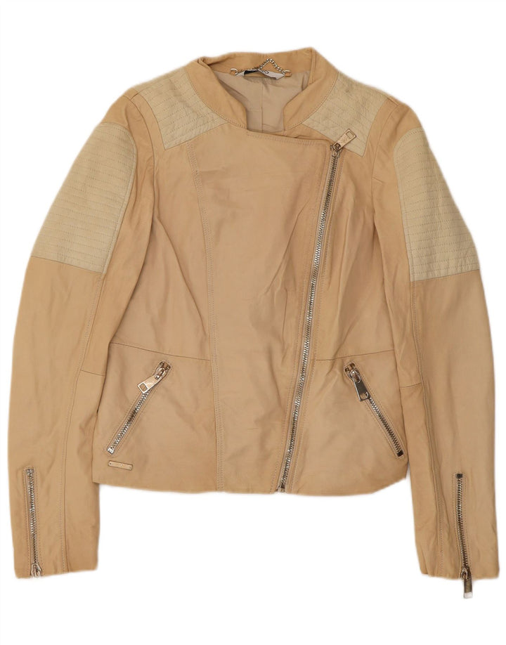 Liu Jo Womens Crop Biker Jacket IT 42 Medium Beige Colourblock Læder