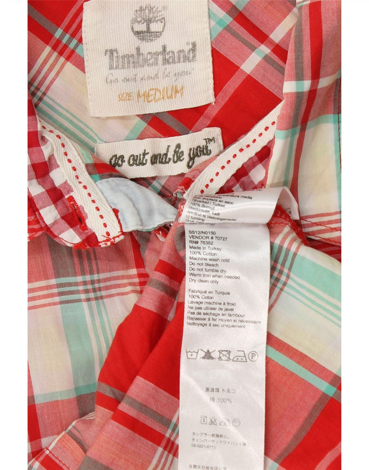 TIMBERLAND Womens Ruffle Front Short Sleeve Shirt UK 14 Medium Red Check