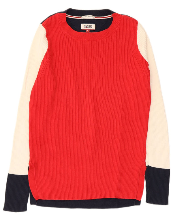 Tommy Hilfiger Dame Boat Neck Jumper Sweater UK 10 Small Red Colourblock