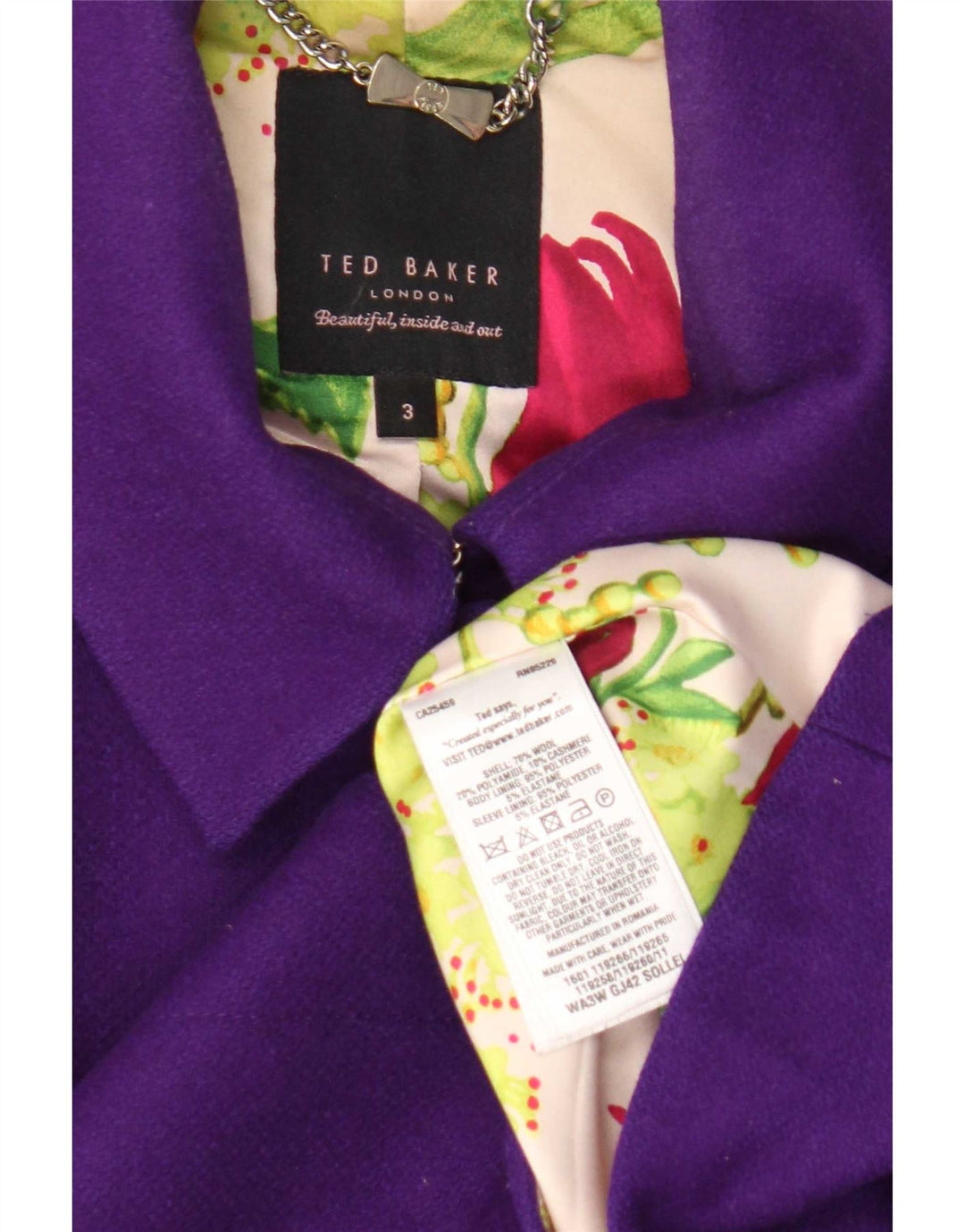 Ted Baker Dame Blazer Jakke Størrelse 3 Medium Lilla Uld